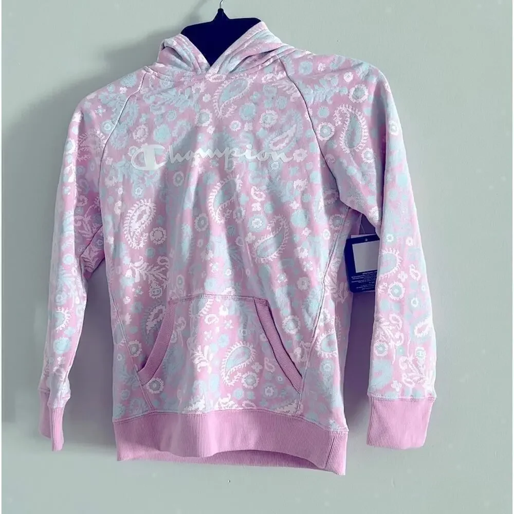 New CHAMPION Big Girls Paisley Script Fleece Hoodie, pink Medium